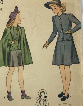 1940s Simplicity Vintage Sewing Pattern 3940 Girl Suit And Cape Size 6