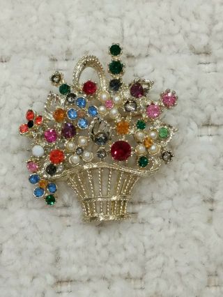 Art Style Vintage Flower Basket Brooch Pin Rhinestone L Faux Pearl Jewelry