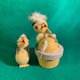 Pair Vintage Bobble Head Chicken Peeps Candy Box Easter Japan