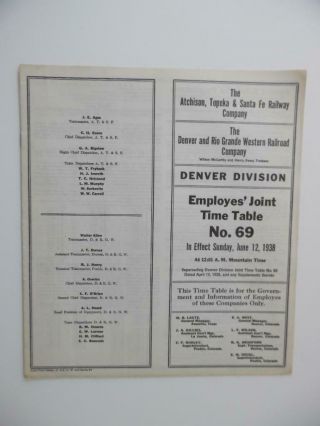 1938 Santa Fe And Denver Rio Grande Western Joint Employee Timetable No 69 Atsf