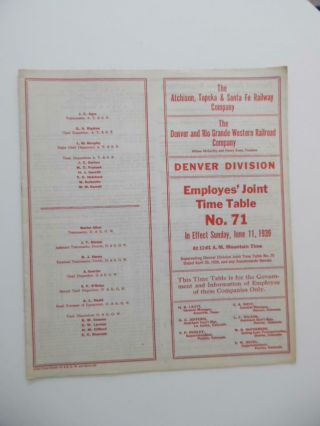 1939 Santa Fe And Denver Rio Grande Western Joint Employee Timetable No 71 Atsf