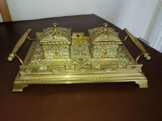 Victorian Gothic Revival Twin Brass Inkwell/desk Stand