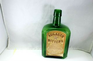 One Antique Augauer Bitters Emerald Green Color Bottle W/ Labels