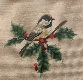 Vintage Completed Christmas Needlepoint - Bird On Holly Branch - Custom Framed 2