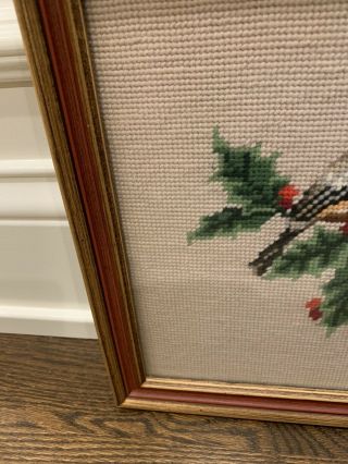 Vintage Completed Christmas Needlepoint - Bird On Holly Branch - Custom Framed 3