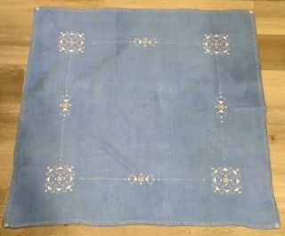 Vintage Small Square Tablecloth,  Linen,  Blue,  Scroll & Dot Embroidery,  Cut Work