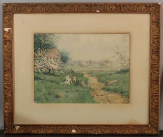 Antique David Clark American Impressionist Country Landscape,  Mother & Children