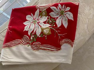 Vintage Red White Gold Christmas Poinsettia 64 X 52 Rectangle Tablecloth Fabric