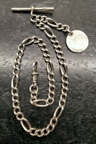 Antique Victorian Silver Figaro Link Albert Pocket Watch Chain & Coin Fob,  J.  S.