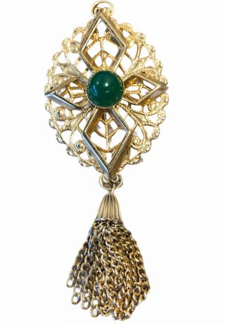 Vintage Signed Sarah Coventry Cov Gold - Tone Green Cabochon Tassel Brooch Pin