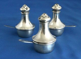 Vintage Set Of 3 Sterling Silver Open Salt Dishes/spoons And Pepper Shakers/lids