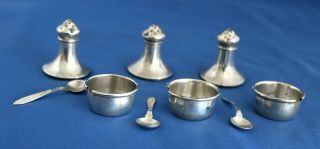 Vintage Set of 3 Sterling Silver Open Salt Dishes/Spoons And Pepper Shakers/Lids 2