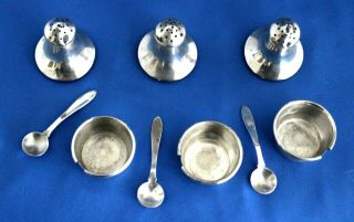 Vintage Set of 3 Sterling Silver Open Salt Dishes/Spoons And Pepper Shakers/Lids 3
