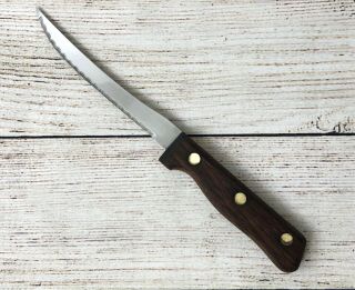 Vintage Serrated Tomato Knife 4.  5” Made In Japan Wood Handle Refinished