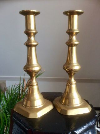 Antique Georgian Pair Brass Candlesticks,  Large Push Up Candle Holder,  Church,  Old