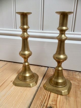 Antique Georgian Pair Brass Candlesticks,  Large Push Up Candle Holder,  Church,  Old 2