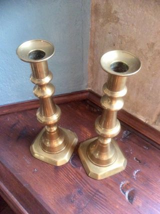 Antique Georgian Pair Brass Candlesticks,  Large Push Up Candle Holder,  Church,  Old 3