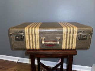 Vintage Suitcase Striped Tweed 23” Luggage Antique 1930s - 1940