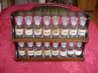 Vtg Wood 2 - Tier Spice Rack,  Glass Bottles/jars,  16 Bottles,  Wooden Wall Spice Rack