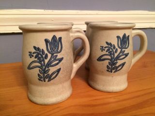 Set Of 4 Vintage Pfaltzgraff Yorktowne Blue Tulip Footed Pedestal Coffee Mugs