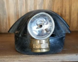 Antique Leather Turtle Shell Miners Hat Helmet Brass Auto - Lite Lamp Carbide