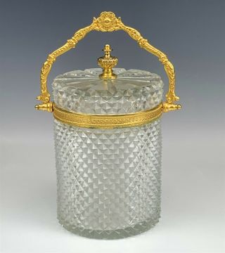 Antique Gilt Bronze Cut Crystal French Style Diamond Quilt Lidded Cookie Jar Tia