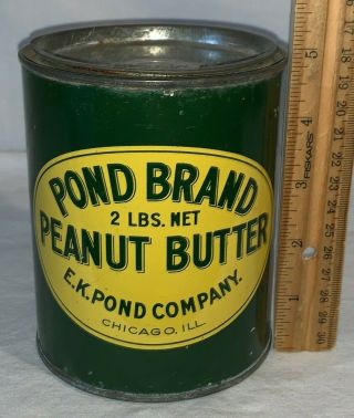 Antique Pond Brand 2lb Tin Litho Peanut Butter Can Chicago Country Store Grocery