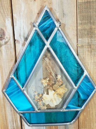 Vintage Stained Glass Suncatcher Ornament Turquoise Color Glass,  Pressed Flower