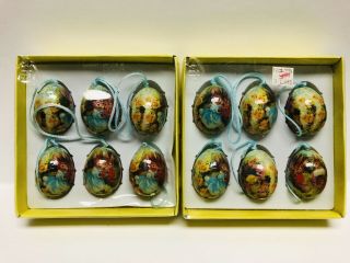 Vintage Set Of 12 Decoupage Paper Mache Easter Egg Ornaments Rabbits Bunnies