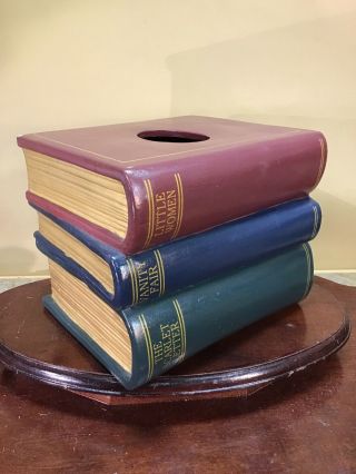 Vtg Ceramic Stacked Books Tissue Box Dispenser Cover