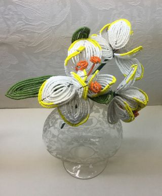Vintage French Glass Beaded Flowers - Daffodils,  10” Height,  3 Flowers 1 Stem