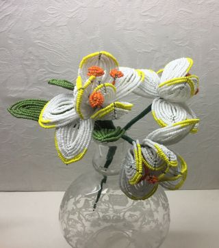 VINTAGE FRENCH GLASS BEADED FLOWERS - Daffodils,  10” Height,  3 Flowers 1 Stem 3