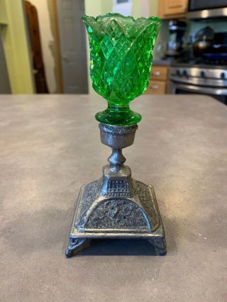 Vtg Art Nouveau Cast Metal Spelter Silver Candle Holder Green Depression Glass