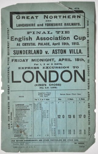 Gnr & Lyr Handbill Fa Cup Final Sunderland V Villa At Crystal Palace April 1913