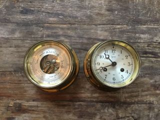 Vintage Antique Salem Clock Co Ships Bell & Barometer Set Brass Winding Nautical