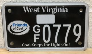 West Virginia Friends Of Coal Motorcycle License Plate Gf0779.  3 Day