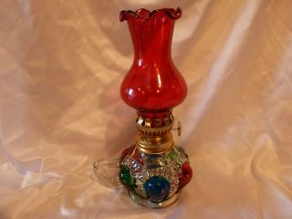 Vintage Red,  Green & Blue,  Small Finger Oil Lamp Red Globe
