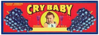 Crate Label Box Vintage Cry Baby Fresno Wine Grapes Scarce California 2