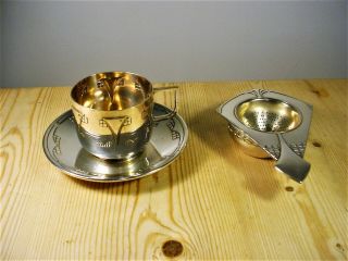 Wmf Art Nouveau Silver Plate Cup & Saucer,  Tea Strainer