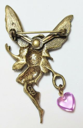 Vintage Jj Estate Jewelry Pin - Glittered Wing Fairy With Pink Dangle Charm