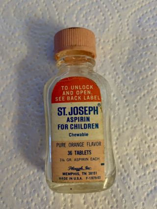 Vintage St Joseph Aspirin For Children Glass Pill Bottle Pinklid 1980s Shipsfree