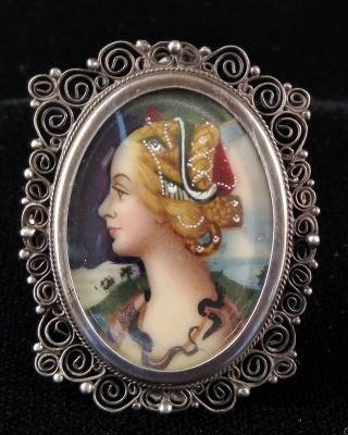 Antique Victorian Miniature Portrait Painting Brooch Pendant Jeweled 800 Silver