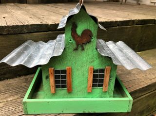 Vintage Wooden Green Barn Aluminum Roof Bird Feeder 10 " H X13 " W Cute
