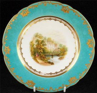 Bd Antique 19th Century English Porcelain Plate Hand Painted Scene Turquoise