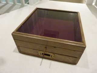 Vintage Large Oak Glass Topped Display Box With Lined Drawer & Key