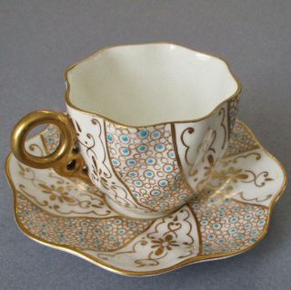 Antique COALPORT HP Porcelain Demitasse Cup & Saucer TURQUOISE Jewels GILT Trim 2