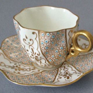 Antique COALPORT HP Porcelain Demitasse Cup & Saucer TURQUOISE Jewels GILT Trim 3