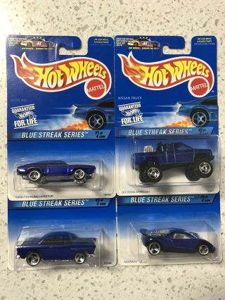 Vintage 90s Hot Wheels Blue Streak Series Complete Set Of 4 Cars Noc