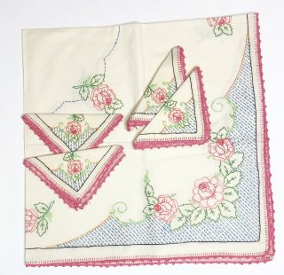 Vintage 5 Piece Set Hand Embroidered Crochet Floral 36 " Tablecloth 4 Napkins