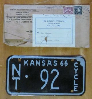 Kansas 1966 Norton County Motorcycle License Plate With Envelope Nt - 92